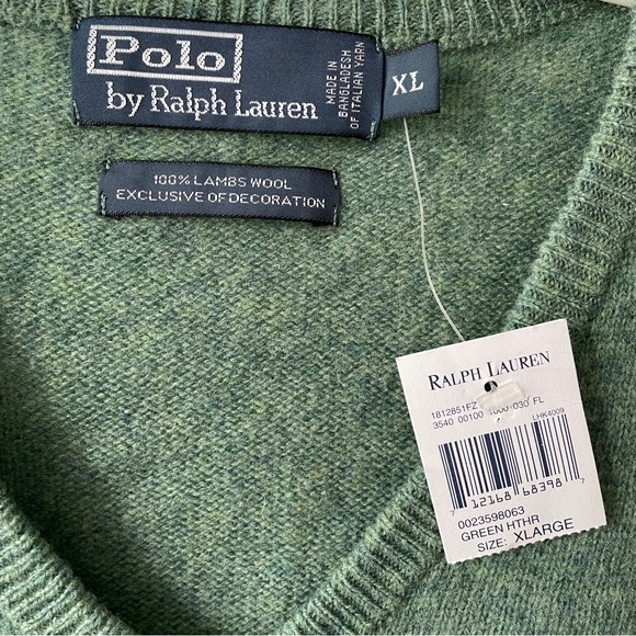 POLO Ralph Lauren Men’s Green Heather Lambswool V Neck Sweater NWT - Picture 2 of 6